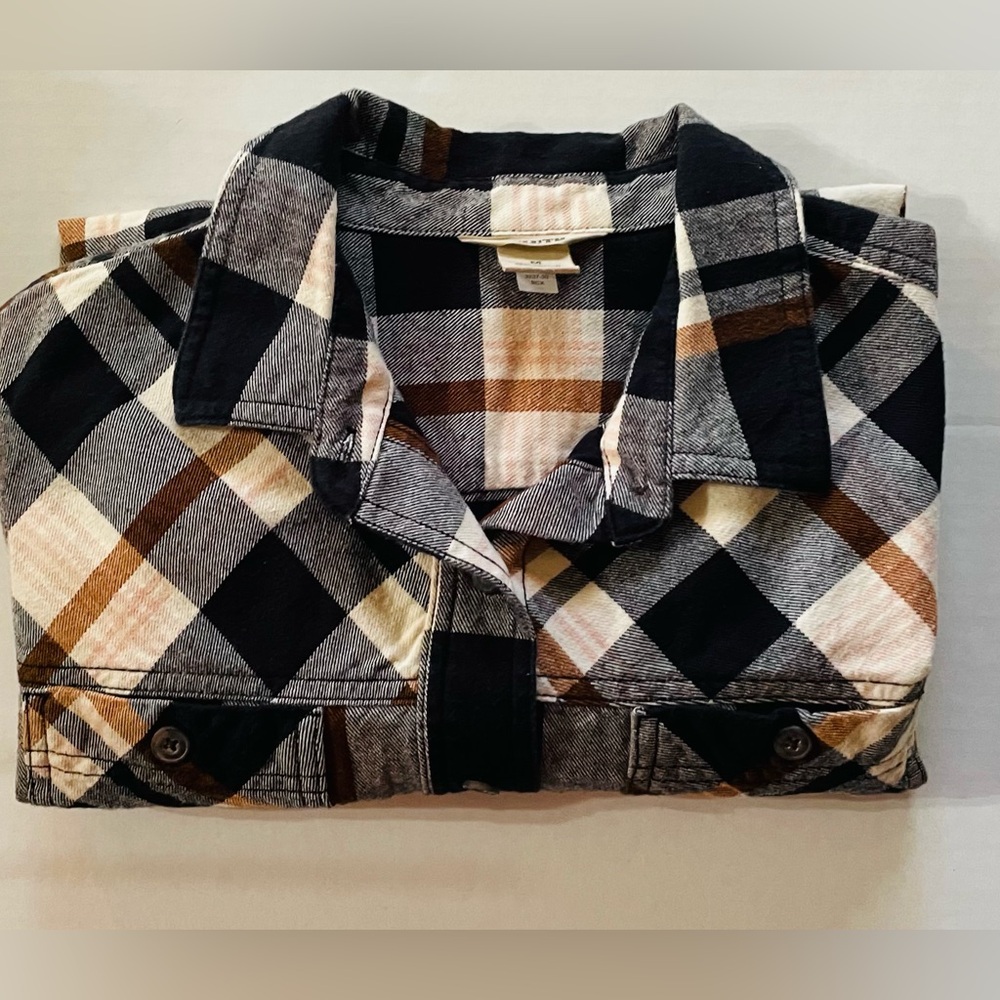 Duluth Trading Co. Women's Free Swingin' Flannel Shirt Size M Brown Plaid Shammy
